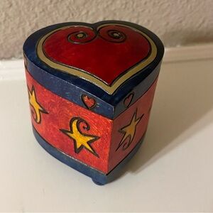 Heart Shaped Trick or Puzzle Box Footed Wood Trinket Box with Secret Pivot Lid
